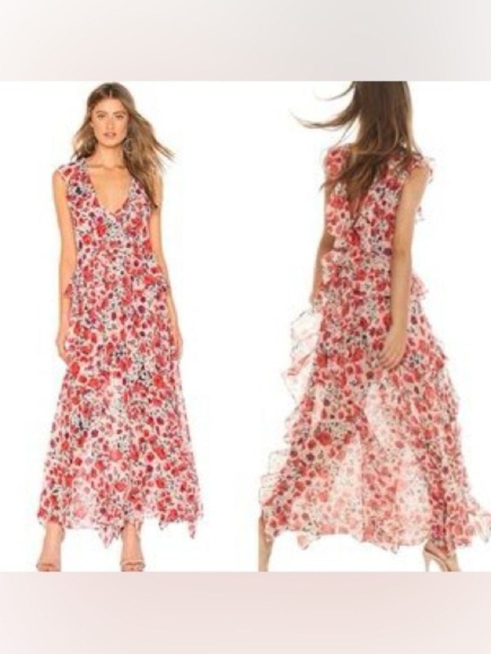 Misa Los Angeles Coral Floral Ruffle Maxi Dress